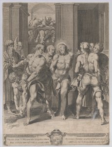 Krisztus megkorbácsolása, kétoldalt korbácsolókkal, erkélyről figyelő alakokkal..., 1593.