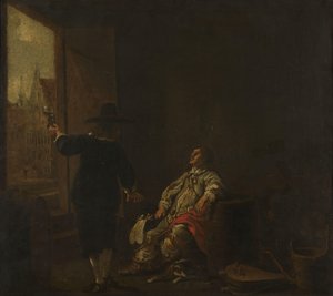 Egy borbolt cégtáblája, egyik oldalán a borkóstolóval, a másikon a hordó borral alkotó: Aelbert Cuyp (circle of)