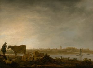 Vianen kilátása a pásztorral és a jószággal a folyó mellett, c. 164345. alkotó: Aelbert Cuyp