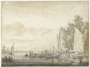 Csónakok a mólónál a folyóban alkotó: Aelbert Cuyp