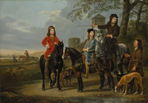 Cornelis és Michiel Pompe van Meerdervoort lovas portréja oktatójukkal és edzőjükkel, Indulás a vadászatra, 1652-53 körül alkotó: Aelbert Cuyp