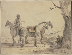 Két felnyergelt ló fához kötve, mellettük egy lovas alkotó: Aelbert Cuyp