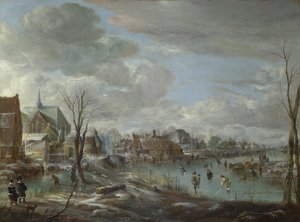 Befagyott folyó egy falu közelében, golfozókkal és korcsolyázókkal, c. 1647-1648 alkotó: Aert van der Neer