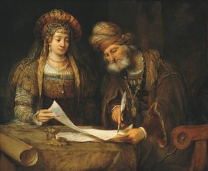 Eszter és Márdokeus Purim első levelének írása, 1675 körül (olaj, vászon)