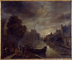 Csatorna egy holland városban a Holdfénynél (olaj, vászon) alkotó: Aert van der Neer