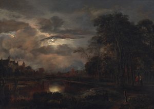 Holdfényes táj híddal alkotó: Aert van der Neer