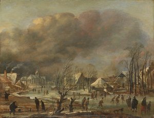 Havazás a befagyott csatorna melletti faluban, 1630-77 alkotó: Aert van der Neer