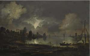 Egy tóparti város látképe holdfényben, száradni lógó hálóval alkotó: Aert van der Neer
