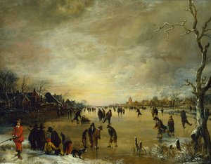 Téli táj naplementekor golfozó és korcsolyázó emberekkel (olaj, vászon) alkotó: Aert van der Neer