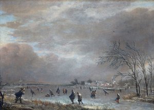 Téli táj korcsolyázókkal a befagyott folyón (olaj a panelen) alkotó: Aert van der Neer