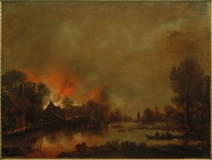 Éjszakai csatorna táj tűzzel egy faluban alkotó: Aert van der Neer der Ältere