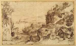 Lefelé nézet egy megerősített kikötőre (toll és barna tinta papíron) alkotó: Agostino (attr. to) Carracci