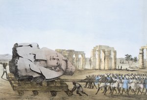 Módszer, amelyben az ifjú Memnon fejét eltávolították, az Egyiptomban és Núbiában végzett kutatásokat szemléltető lemezekről, Giovannie Battista Belzoni, Pub. 1822 (színes litográfia)