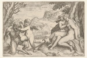 A szerelem mindent legyőz Omnia vincit Amor, a szatírral vívott harcban Amor elhelyezi jobb kn..., 1599.