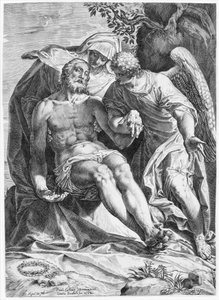 Pieta, Krisztus, akit a Szűzanya és egy angyal támogat a jobb oldalon, 1582. alkotó: Agostino Carracci