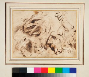 Tanulmányi lap egy sas fejével és férfiprofilokkal és karikatúrákkal (toll és barna tinta és némi barna mosás) alkotó: Agostino Carracci