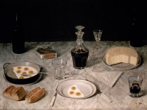 Csendélet tojással, kenyérrel, sajttal és borral (olaj, vászon) alkotó: Agostino Jose da Mota