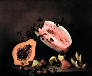 Papaya, görögdinnye és kesudió csendélete