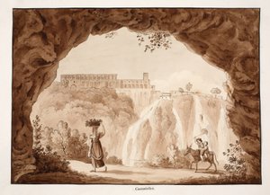 A Tivoli vízesései, 1833 (barna mosású rézkarc) alkotó: Agostino Tofanelli