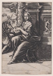 Chastity, egy nő ül, egy unikornis tőle jobbra, c. 1515-30. alkotó: Agostino Veneziano