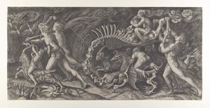 Lo Stregozzo: egy női boszorkány, aki állatcsontvázon lovagol, előtte két férfi és ..., kb. 1515-25.