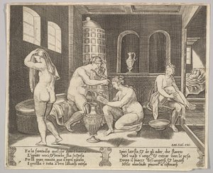 7. tábla: Psychét nimfák kísérték fürdőjében, a háttérben jobbra Psyche repr..., kb. 1520-36.