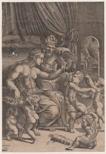 A Vénusz és a Vulkán Ámorokkal körülvéve, 1530-ban kelt. alkotó: Agostino Veneziano