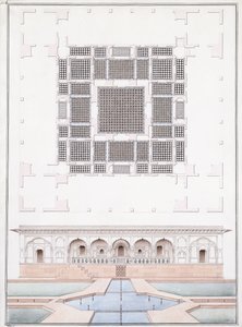 A déli front és a Suraj Bhawan kerti palotája Dignél, 1830 körül (ceruza, toll és szürke tinta és akvarell)