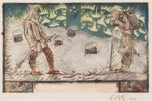 Két síelő, a Nagy Kalevala egyik verséhez készült címkép alkotó: Akseli Gallen-Kallela