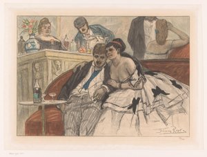 Férfi és nő ül egy piros kanapén a színház bárjában Le gandin ivre alkotó: Albert Bertrand (attributed to)