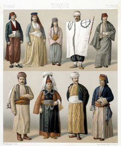19. századi török viseletek. Illusztráció Racinet „Le costume historique” című könyvében