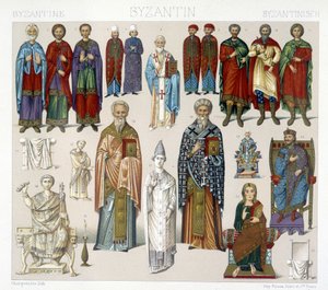 Bizánci jelmezek. Illusztráció Racinet „A történelmi kosztüm” című művében alkotó: Albert Charles August Racinet