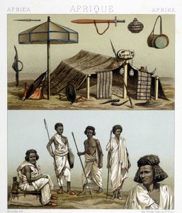 Tábor és hagyományos ruházat Núbiából. Illusztráció: Racinet „Le costume historique” című könyvében alkotó: Albert Charles August Racinet