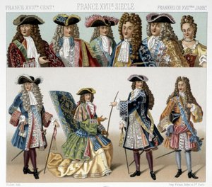 A francia nemesség jelmezei és frizurái a 18. században. Illusztráció: Racinet „Le costume historique” című könyvében