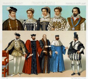 Nemesek és magisztrátusok jelmezei Franciaországban a 17. században. Kromolitográfiai lemez – Racinet „” Le costume historique” című könyvében