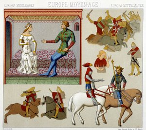 A középkor jelmezei Franciaországban. Kromolitográfiai lemez – Racinet „” Le costume historique” című könyvében alkotó: Albert Charles August Racinet
