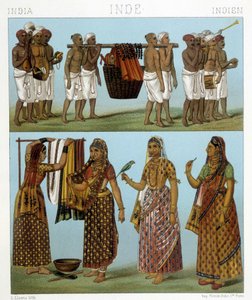 Temetés (a kép tetején) és mosoda (a kép alján) Indiában. Illusztráció: Racinet „Le costume historique” című könyvében alkotó: Albert Charles August Racinet