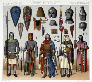 Katonai viseletek és sisakok Franciaországban a 13-15. századból. Illusztráció: Racinet „Le costume historique” című könyvében alkotó: Albert Charles August Racinet