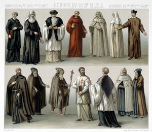 Szerzetesi viseletek Európában a 15-18. századtól. Illusztráció: Racinet „Le costume historique” című könyvében