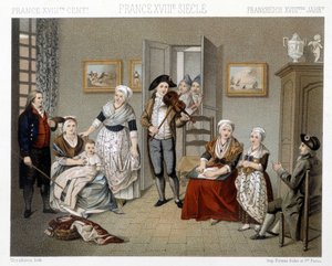 Zenészek játsszák a behatolásukat egy családnak egy házban. Illusztráció: Racinet „Le costume historique” című könyvében alkotó: Albert Charles August Racinet