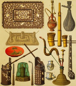 Dohányosok által használt pipa és tárgyak, Schmidt litográfiája A teljes viselettörténetből, első kötet, Auguste Racinet (1825-1893), Párizs alkotó: Albert Charles August Racinet