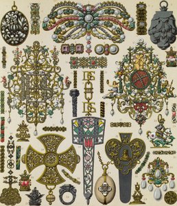 Tizenhetedik századi ékszerek, Schmidt litográfiája, megjelent a Le costume historique V. kötetben alkotó: Albert Charles August Racinet