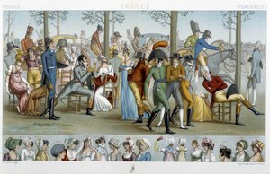 A polgárok Longchamp felé sétálnak, deb. 19. század - Racinet „” Le costume historique” című könyvében alkotó: Albert Charles August Racinet