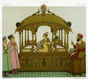 A mogul császárok trónja. Kromolitográfiai lemez – Racinet „” Le costume historique” című könyvében alkotó: Albert Charles August Racinet