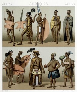 Hagyományos Cafrerie jelmez (Afrika meridionális része). Illusztráció: Racinet „Le costume historique” című könyvében alkotó: Albert Charles August Racinet