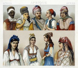 Férfi és női népviseletek és fejdíszek Algériában. Illusztráció: Racinet „Le costume historique” című könyvében