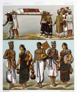 Indiában élő muszlimok (a kép tetején) és hinduk (alul) népviselete. Illusztráció: Racinet „Le costume historique” című könyvében alkotó: Albert Charles August Racinet