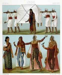 Közlekedési és hagyományos női viseletek. Illusztráció: Racinet „Le costume historique” című könyvében alkotó: Albert Charles August Racinet