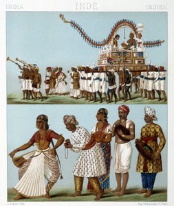 India közlekedése, zene, tánc és népviselet. Illusztráció: Racinet „Le costume historique” című könyvében alkotó: Albert Charles August Racinet