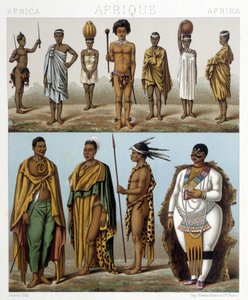Különféle férfiak Dél-Afrikából. Illusztráció a „Le costume historique” című könyvében, Racinettől alkotó: Albert Charles August Racinet